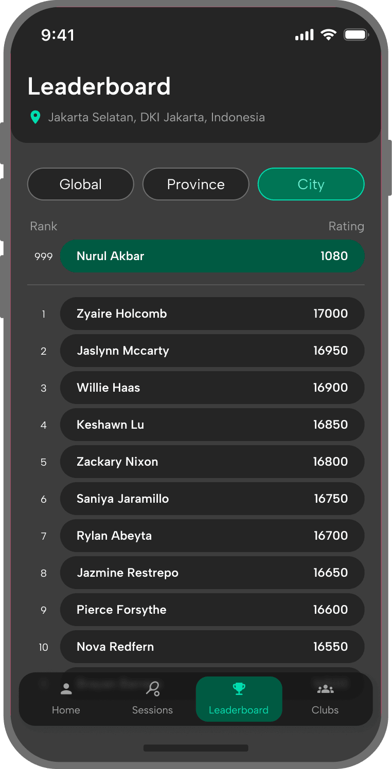 ARK Padel leaderboard screen