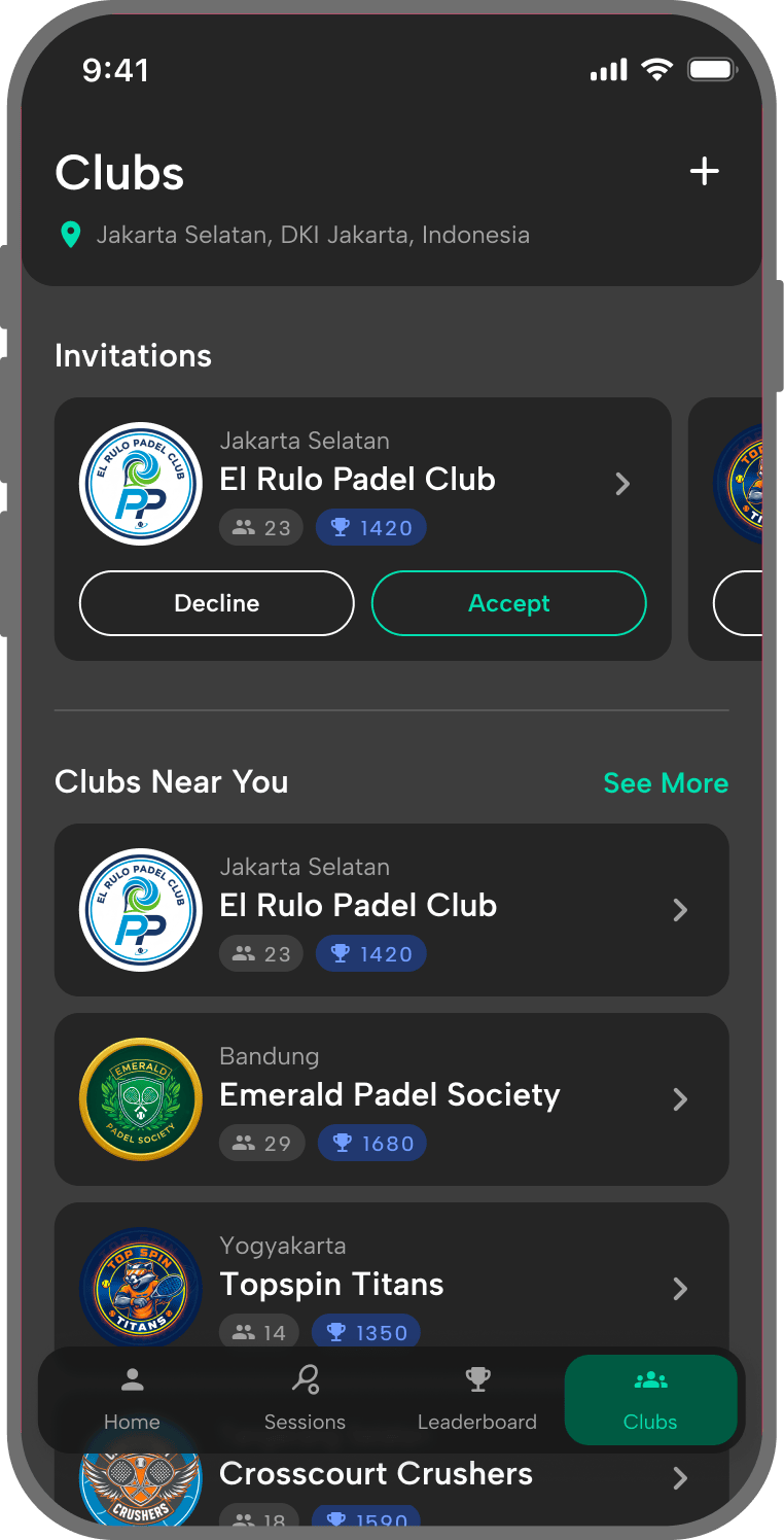ARK Padel clubs screen